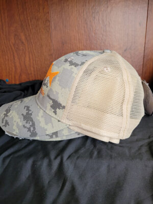 BLUEFISH EMBROIDERED DISTRESSED CAMO TRUCKERS CAP